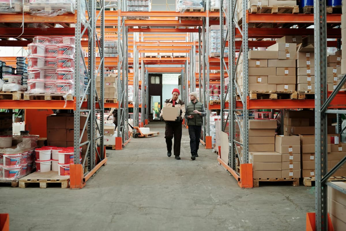 Warehouse logistics operations with organized shelving and inventory — supply chain management